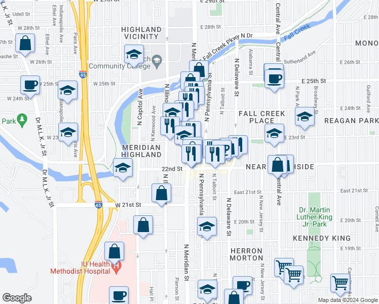 map of restaurants, bars, coffee shops, grocery stores, and more near in Indianapolis
