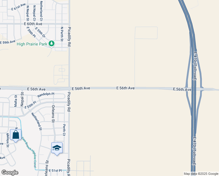 map of restaurants, bars, coffee shops, grocery stores, and more near East 56th Avenue in Aurora