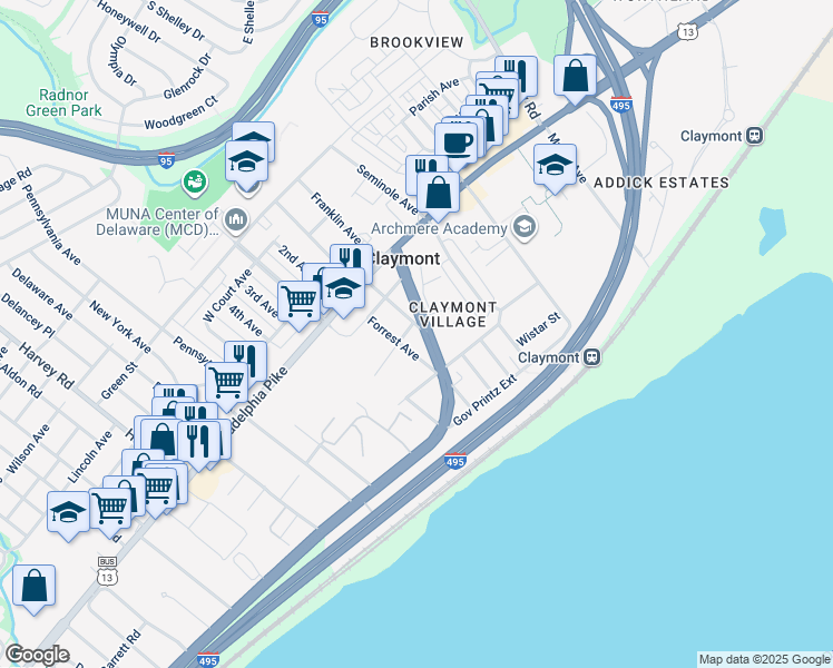 map of restaurants, bars, coffee shops, grocery stores, and more near 19 Forrest Avenue in Claymont