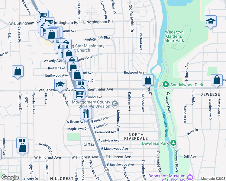 map of restaurants, bars, coffee shops, grocery stores, and more near 133 Ashwood Avenue in Dayton