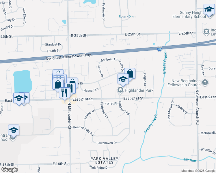 map of restaurants, bars, coffee shops, grocery stores, and more near 10240 East 21st Street in Indianapolis