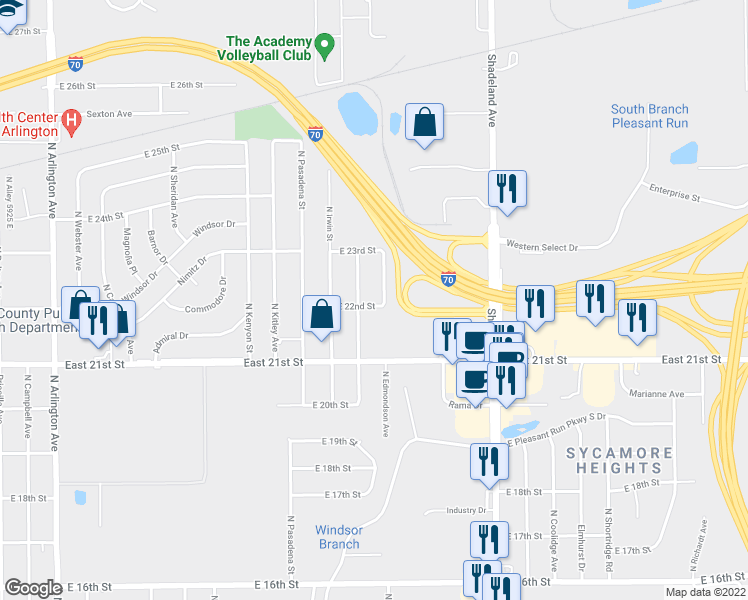 map of restaurants, bars, coffee shops, grocery stores, and more near 6851 East 22nd Street in Indianapolis