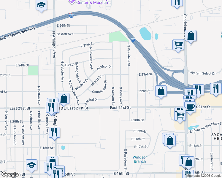map of restaurants, bars, coffee shops, grocery stores, and more near 2258 Admiral Drive in Indianapolis