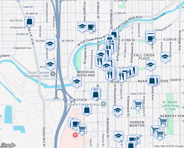 map of restaurants, bars, coffee shops, grocery stores, and more near 2225 North Kenwood Avenue in Indianapolis