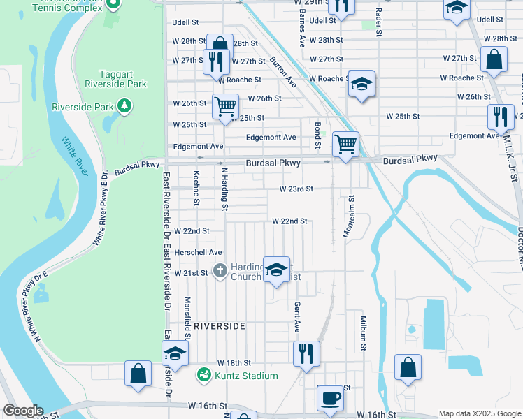map of restaurants, bars, coffee shops, grocery stores, and more near 1316 West 22nd Street in Indianapolis