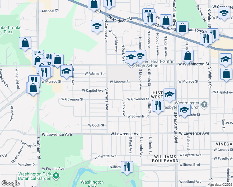 map of restaurants, bars, coffee shops, grocery stores, and more near 1351 West Governor Street in Springfield