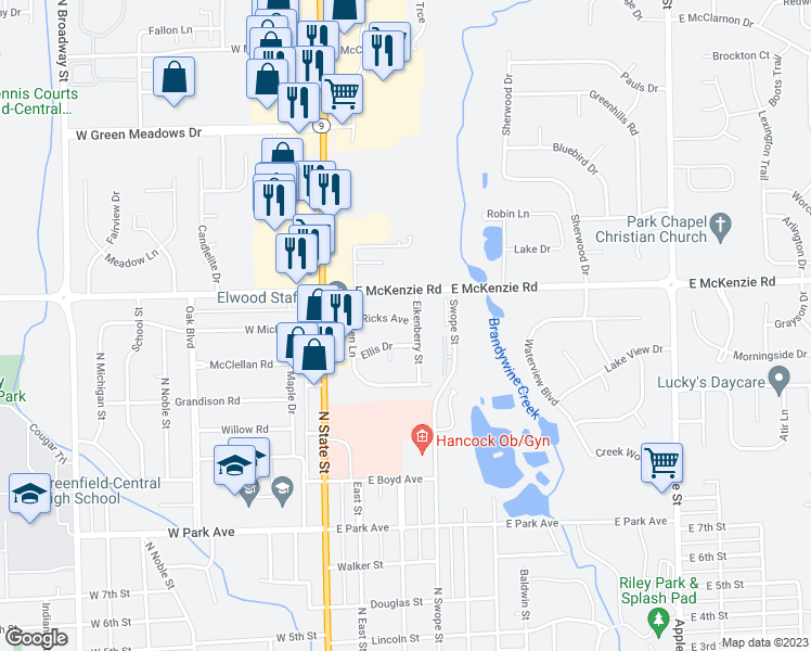 map of restaurants, bars, coffee shops, grocery stores, and more near 215 Ricks Avenue in Greenfield