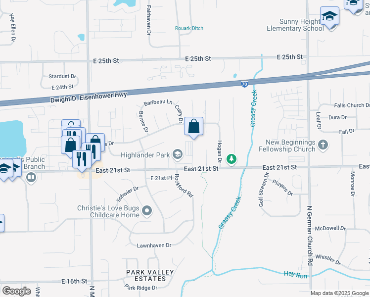 map of restaurants, bars, coffee shops, grocery stores, and more near 10502 East 21st Street in Indianapolis