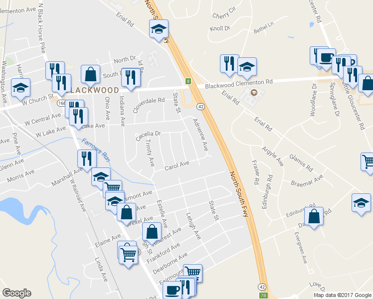 map of restaurants, bars, coffee shops, grocery stores, and more near 127 Jerome Avenue in Gloucester Township