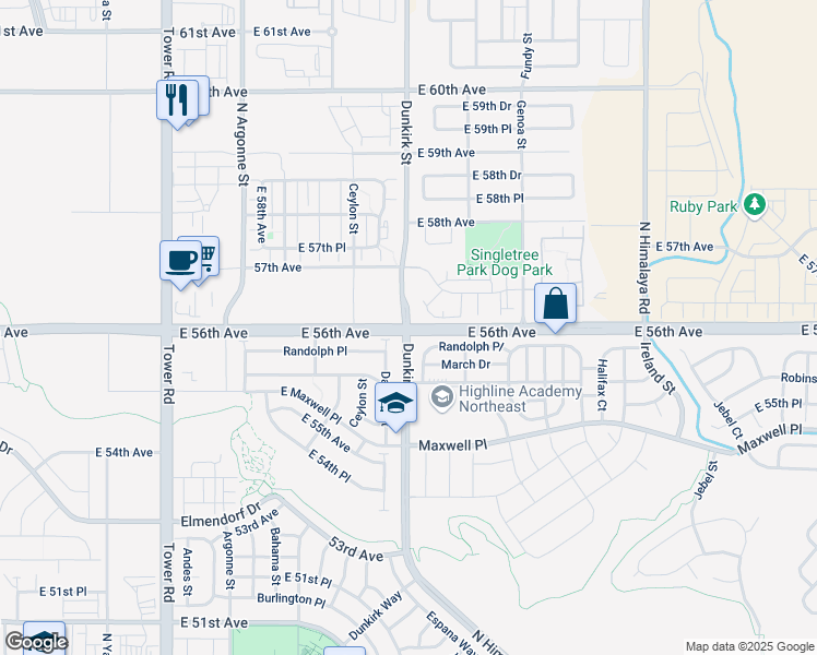 map of restaurants, bars, coffee shops, grocery stores, and more near 18901 East 56th Avenue in Aurora