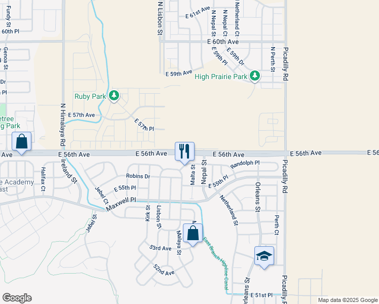 map of restaurants, bars, coffee shops, grocery stores, and more near 21121 Randolph Place in Denver