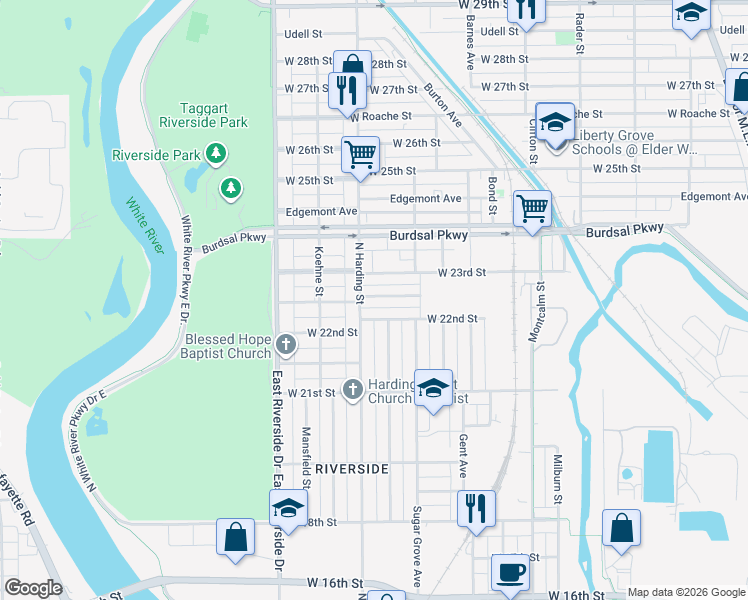map of restaurants, bars, coffee shops, grocery stores, and more near 1362 West 22nd Street in Indianapolis