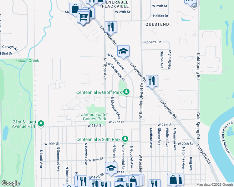 map of restaurants, bars, coffee shops, grocery stores, and more near 2310 Groff Avenue in Indianapolis