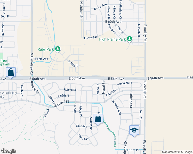 map of restaurants, bars, coffee shops, grocery stores, and more near 21121 Randolph Place in Denver