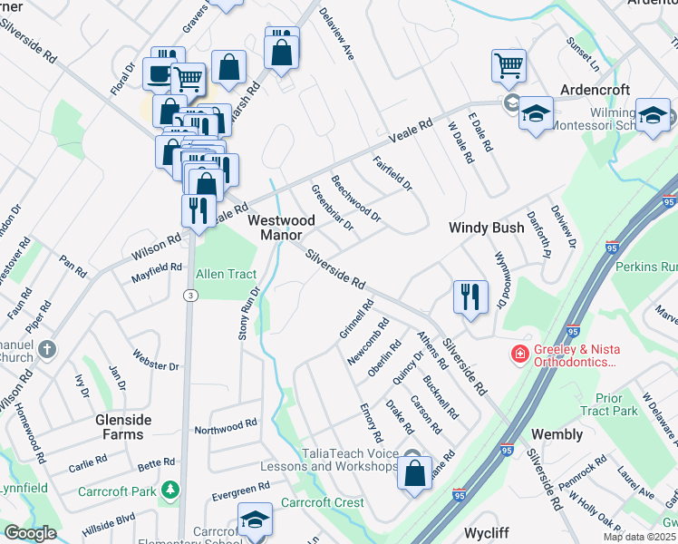 map of restaurants, bars, coffee shops, grocery stores, and more near 1818 Silverside Road in Wilmington