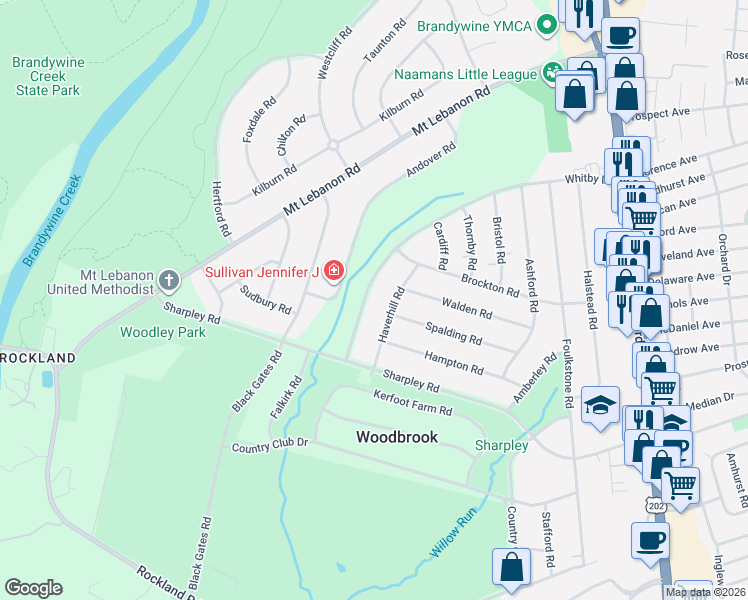 map of restaurants, bars, coffee shops, grocery stores, and more near 616 Whitby Drive in Wilmington