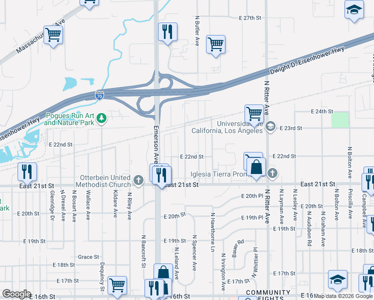 map of restaurants, bars, coffee shops, grocery stores, and more near 5201 East 22nd Street in Indianapolis