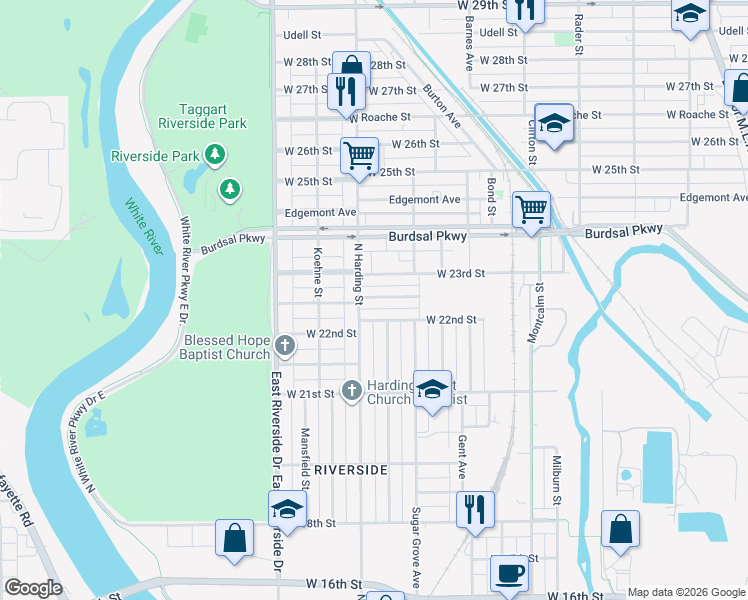map of restaurants, bars, coffee shops, grocery stores, and more near 1362 West 22nd Street in Indianapolis