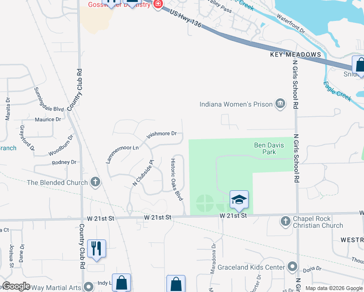 map of restaurants, bars, coffee shops, grocery stores, and more near 2336 Historic Oaks Boulevard in Indianapolis