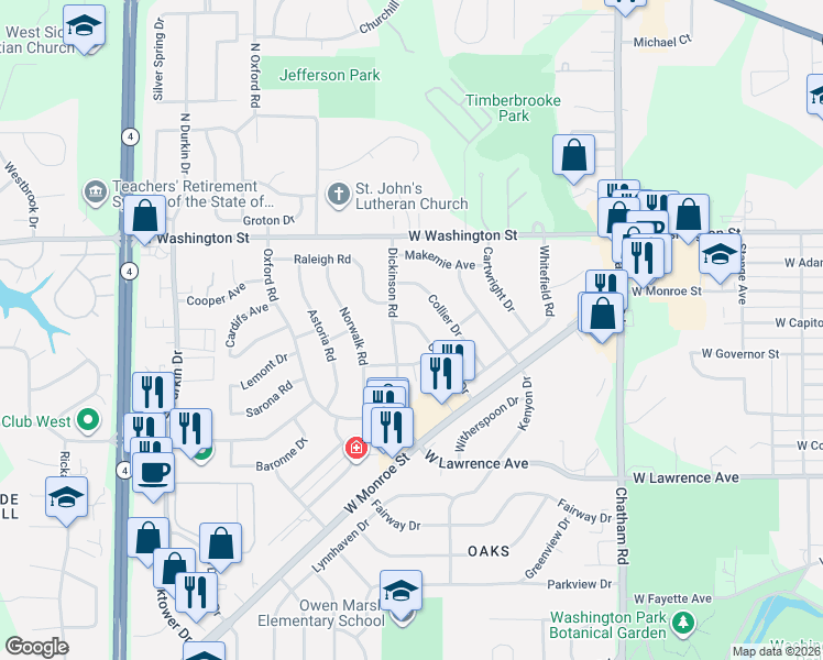 map of restaurants, bars, coffee shops, grocery stores, and more near 228 Dickinson Road in Springfield