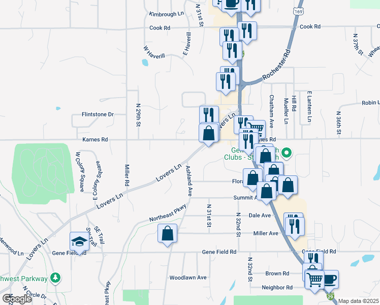 map of restaurants, bars, coffee shops, grocery stores, and more near 3015 Lovers Lane in Saint Joseph