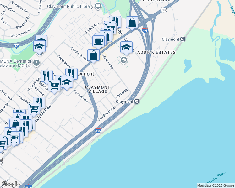 map of restaurants, bars, coffee shops, grocery stores, and more near 12 Wistar Street in Claymont