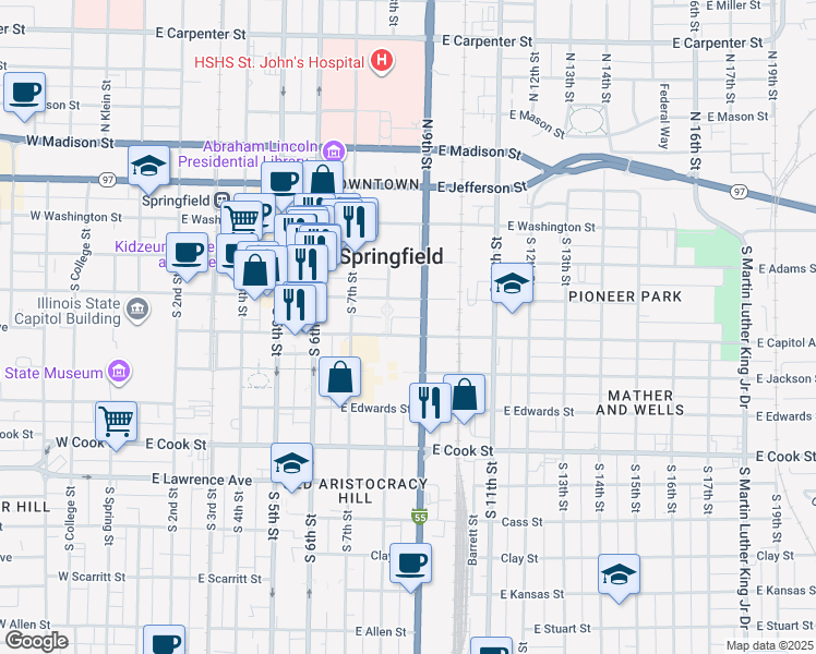 map of restaurants, bars, coffee shops, grocery stores, and more near in Springfield