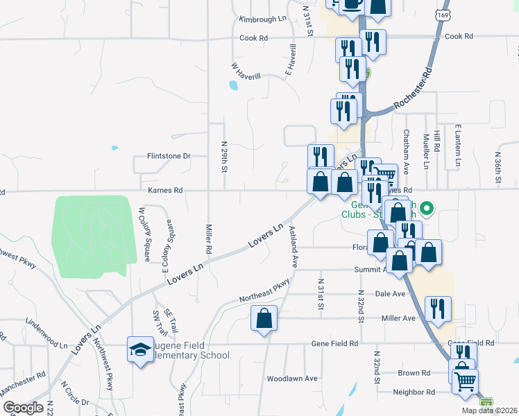 map of restaurants, bars, coffee shops, grocery stores, and more near 2929 Lovers Lane in Saint Joseph