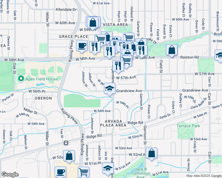 map of restaurants, bars, coffee shops, grocery stores, and more near 5605 Independence Street in Arvada