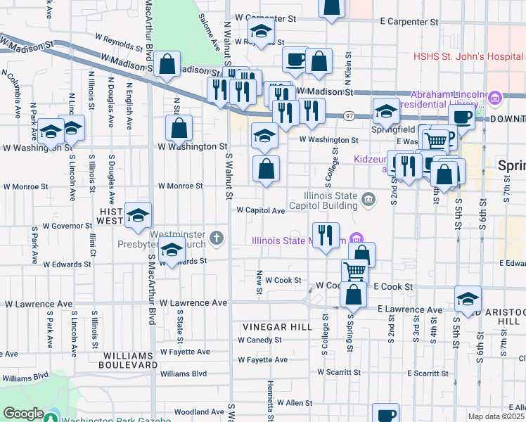 map of restaurants, bars, coffee shops, grocery stores, and more near 401 New Street in Springfield