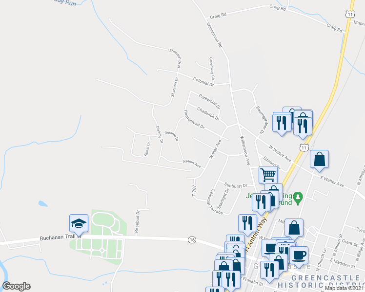 map of restaurants, bars, coffee shops, grocery stores, and more near 171 Delanie Drive in Greencastle
