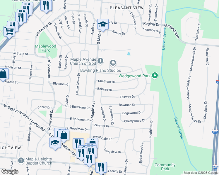 map of restaurants, bars, coffee shops, grocery stores, and more near 261 Bellaire Drive in Fairborn