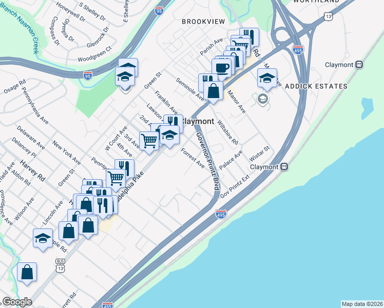 map of restaurants, bars, coffee shops, grocery stores, and more near 12 Forrest Avenue in Claymont