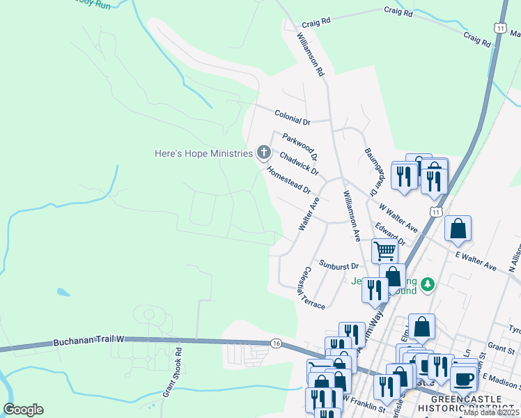map of restaurants, bars, coffee shops, grocery stores, and more near 171 Delanie Drive in Greencastle
