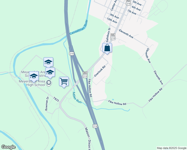 map of restaurants, bars, coffee shops, grocery stores, and more near 202 Overlook Road in Meyersdale