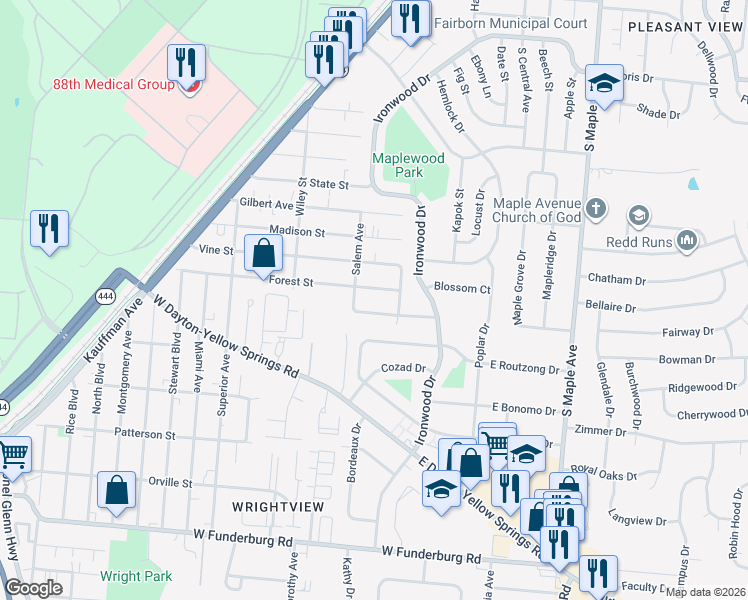 map of restaurants, bars, coffee shops, grocery stores, and more near 149 Oak Street in Fairborn