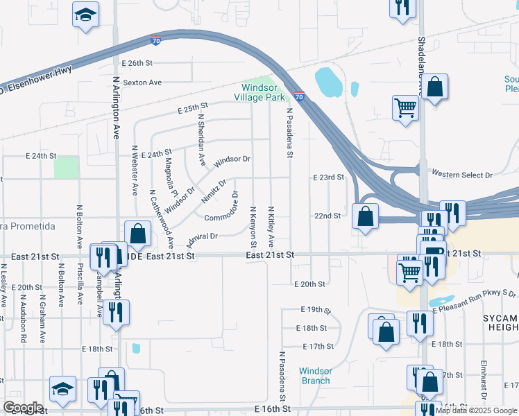 map of restaurants, bars, coffee shops, grocery stores, and more near 2140 North Kitley Avenue in Indianapolis