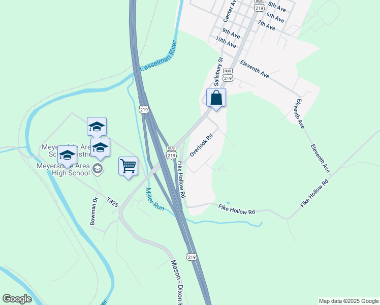 map of restaurants, bars, coffee shops, grocery stores, and more near 202 Overlook Road in Meyersdale