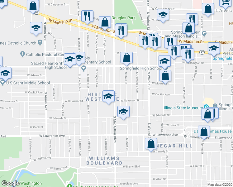 map of restaurants, bars, coffee shops, grocery stores, and more near 334 South MacArthur Boulevard in Springfield