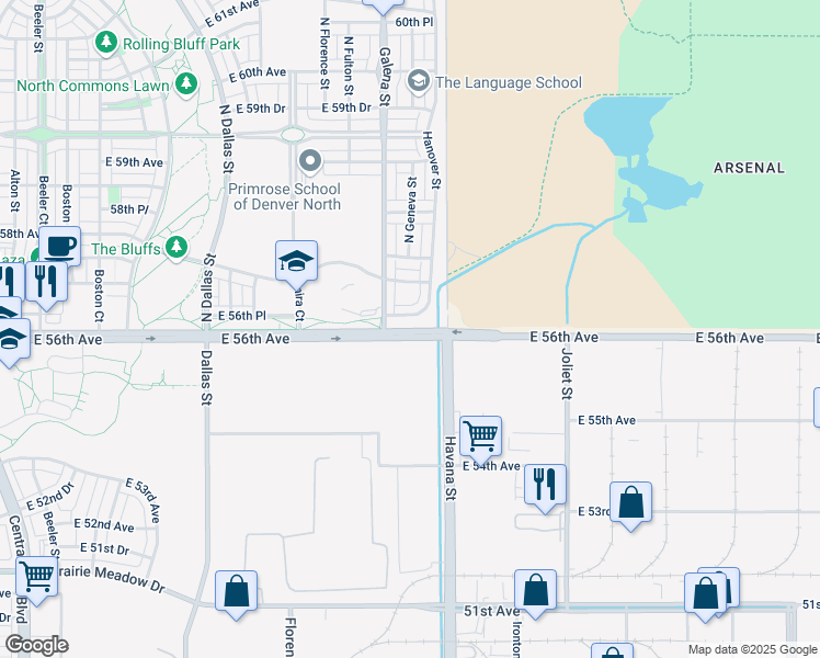 map of restaurants, bars, coffee shops, grocery stores, and more near 9717 East 56th Avenue in Denver