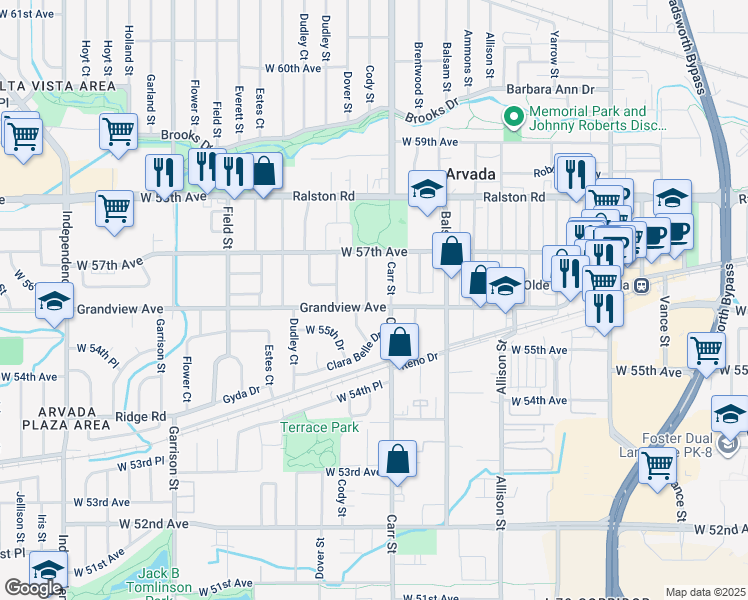 map of restaurants, bars, coffee shops, grocery stores, and more near 8430 Grandview Avenue in Arvada