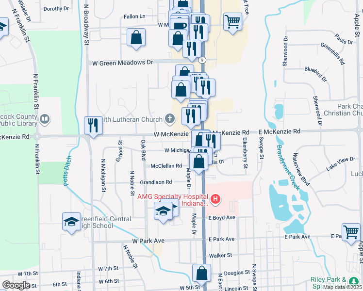 map of restaurants, bars, coffee shops, grocery stores, and more near 21 West Michigan Street in Greenfield