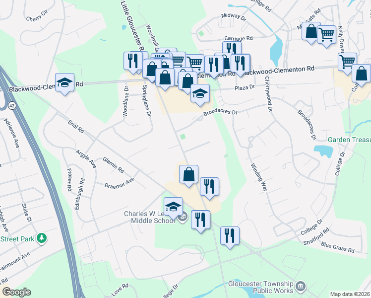 map of restaurants, bars, coffee shops, grocery stores, and more near 1221 Little Gloucester Road in Camden County