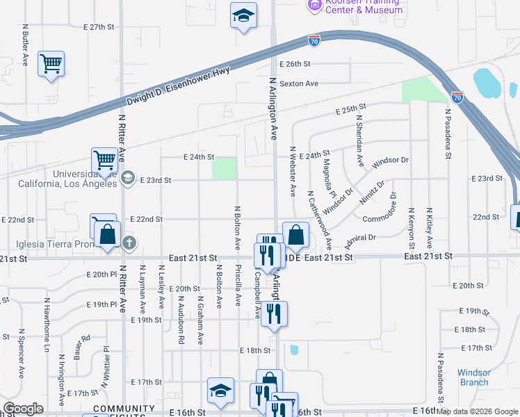 map of restaurants, bars, coffee shops, grocery stores, and more near 5952 East 22nd Street in Indianapolis