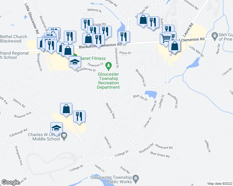 map of restaurants, bars, coffee shops, grocery stores, and more near 218 Laurel Place in Clementon