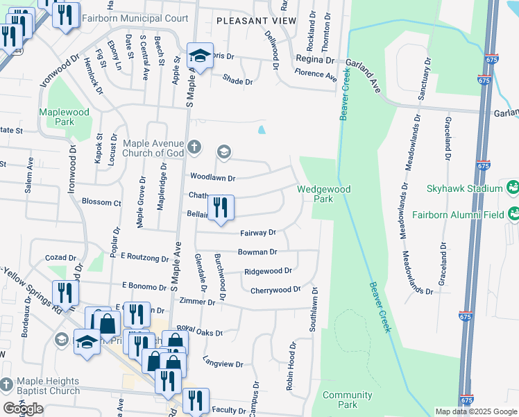 map of restaurants, bars, coffee shops, grocery stores, and more near 354 Bellaire Drive in Fairborn