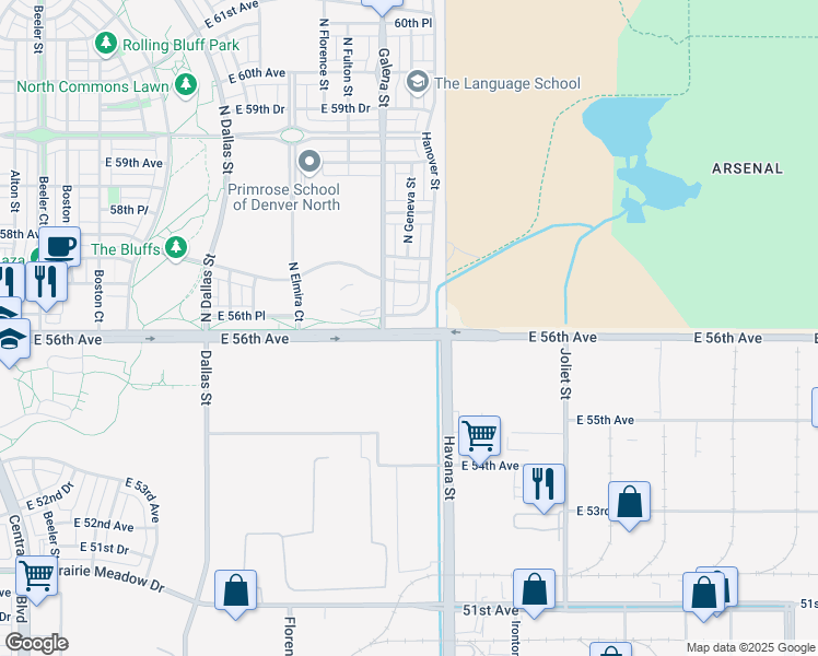 map of restaurants, bars, coffee shops, grocery stores, and more near 10307 East 56th Place in Denver