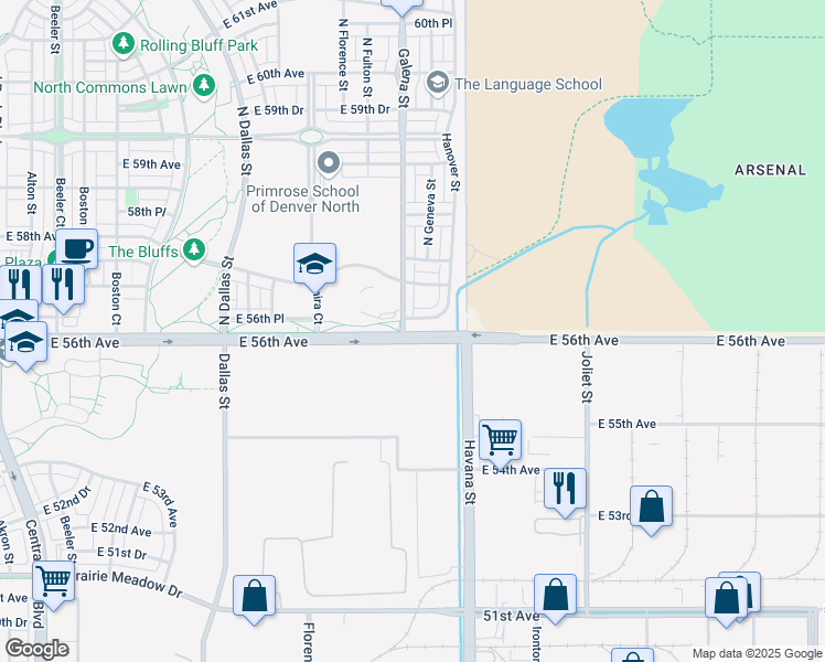 map of restaurants, bars, coffee shops, grocery stores, and more near 9717 East 56th Avenue in Denver