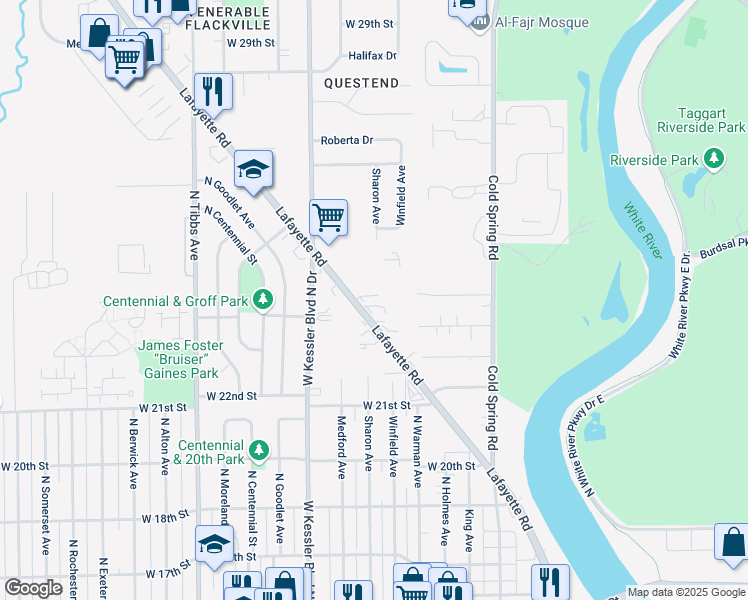 map of restaurants, bars, coffee shops, grocery stores, and more near 2307 Lafayette Road in Indianapolis