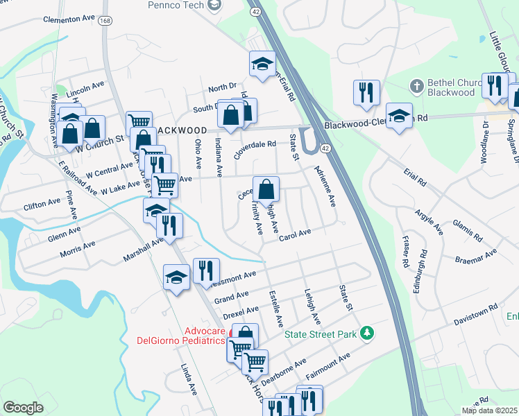 map of restaurants, bars, coffee shops, grocery stores, and more near 140 Lehigh Avenue in Camden County